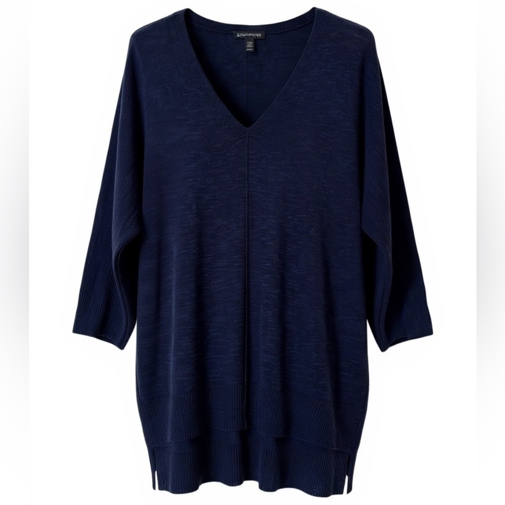 Eileen Fisher Organic Linen Cotton V-Neck Hi Low Hem Navy Blue Sweater Size M